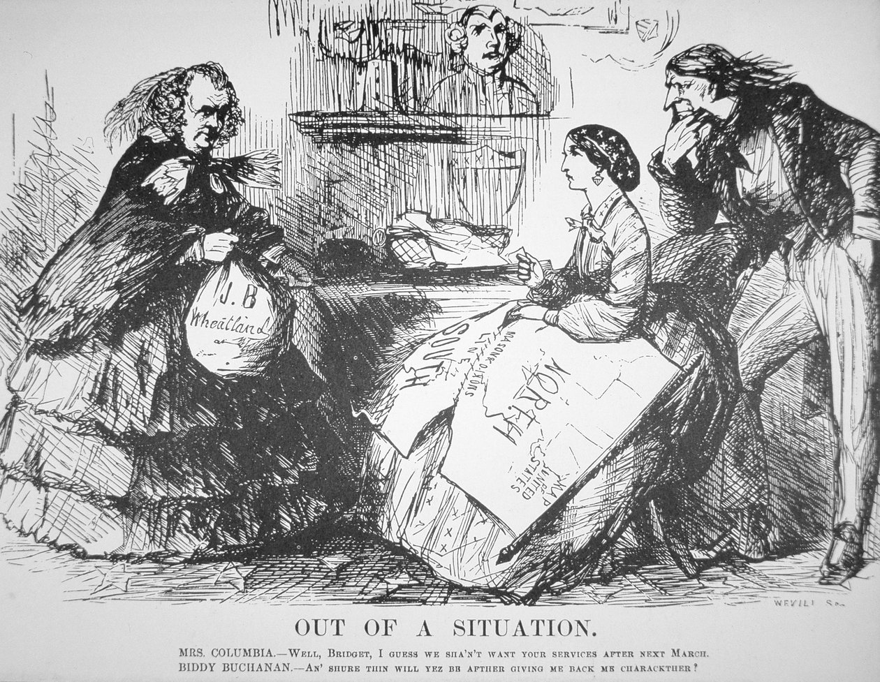 ジェームズ・ブキャナン（1791-1868）に対するアメリカ国民の拒絶を風刺した「ヴァニティ・フェア」誌の漫画（4月7日）。 作： アメリカの学校