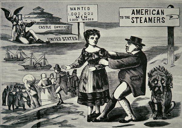 米国への労働者の流れの増加を止めようとしているジョン・ブルを示す漫画、1850年頃（彫刻） 作： アメリカの学校