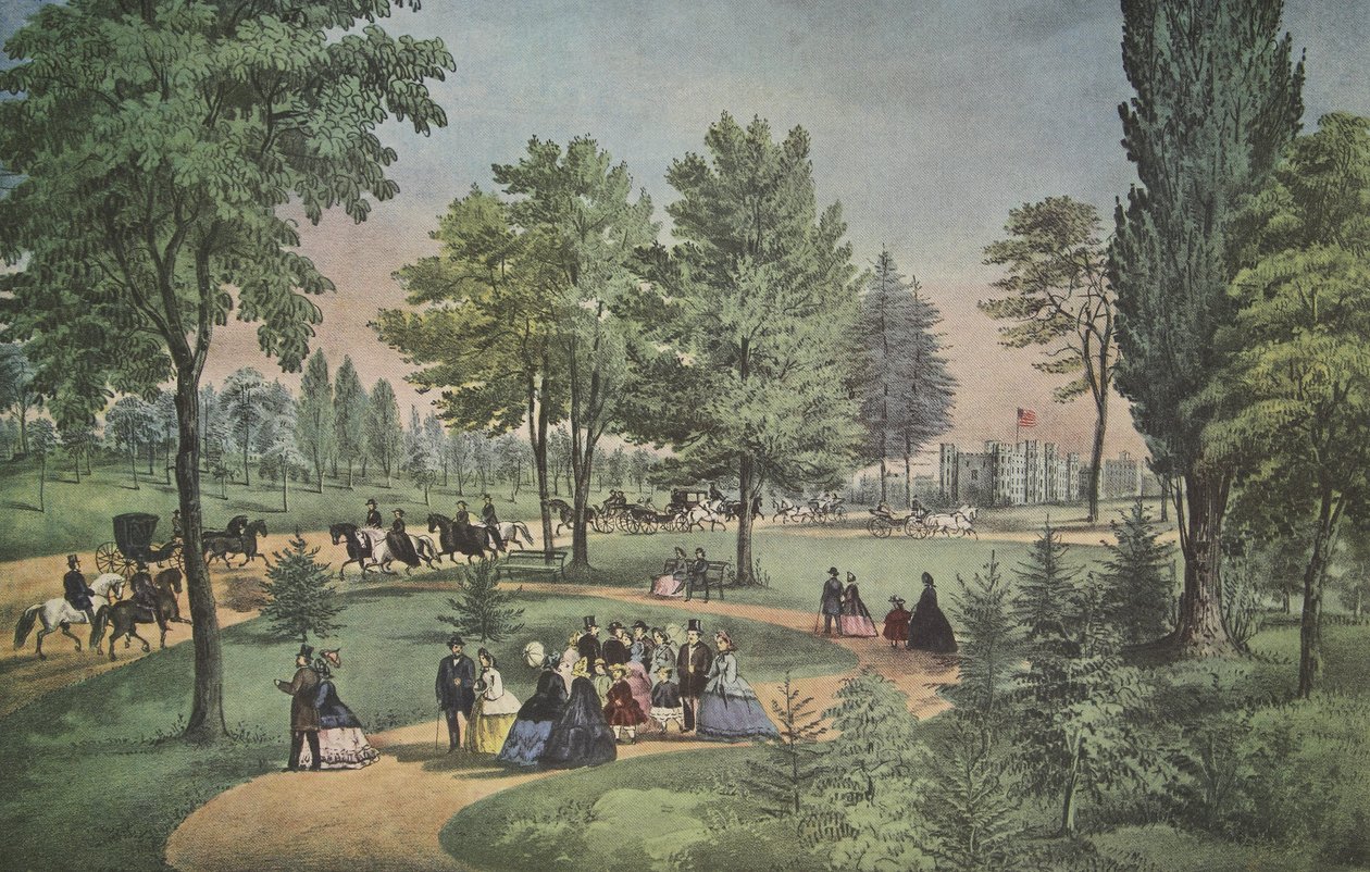 セントラルパーク、ドライブ、キュリアーとアイブス、パブ。 1862 作： アメリカの学校