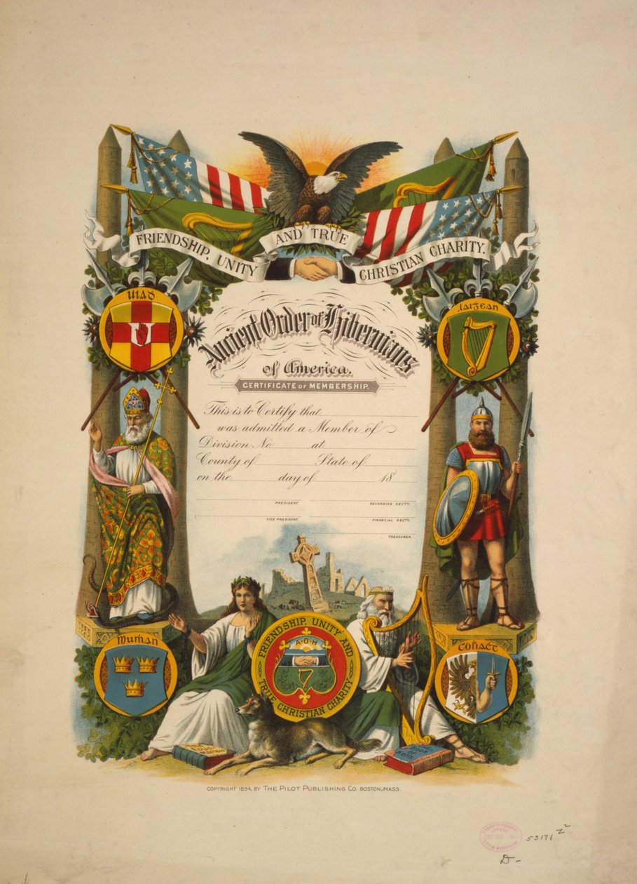 エンシェント・オーダー・オブ・ハイベルニアンズ・オブ・アメリカの会員証明書 1894年頃（カラーリトグラフ 作： アメリカの学校