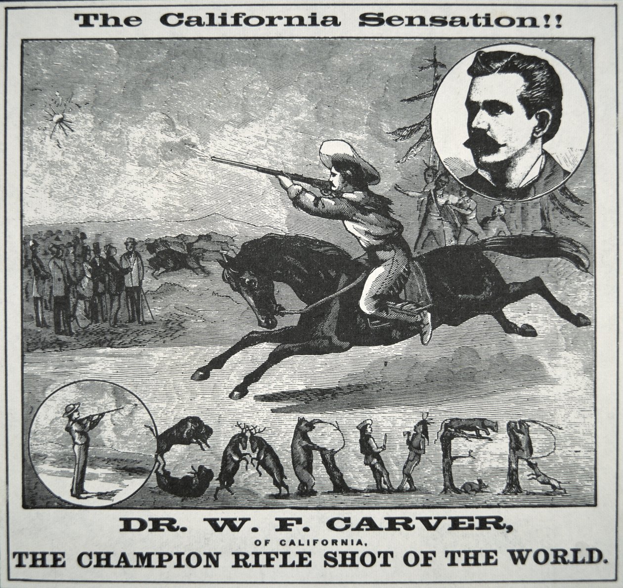 ドク・カーバー（1840-1927）を起用した「ライフル射撃の世界チャンピオン」ポスター 1885年頃（エングレービング 作： アメリカの学校