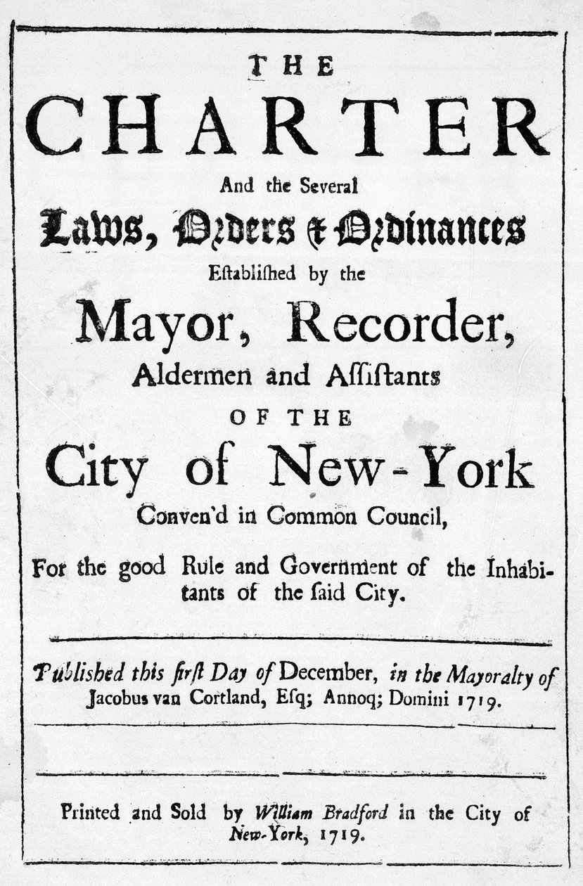 ニューヨーク市憲章、1719年（印刷） 作： アメリカの学校