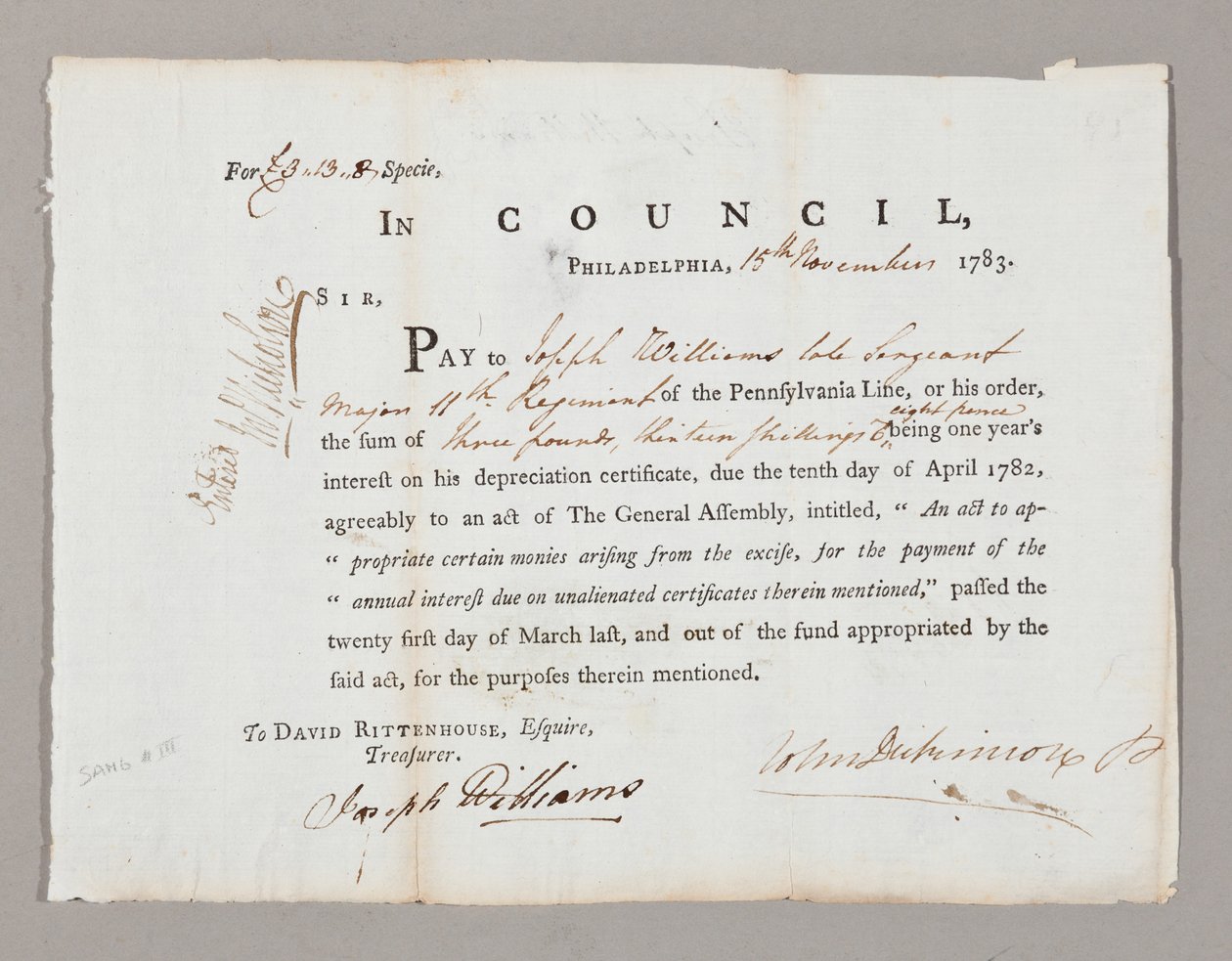1783年11月13日、ジョセフ・ウィリアムズへの3ポンドと13シリングを確認してください 作： アメリカの学校