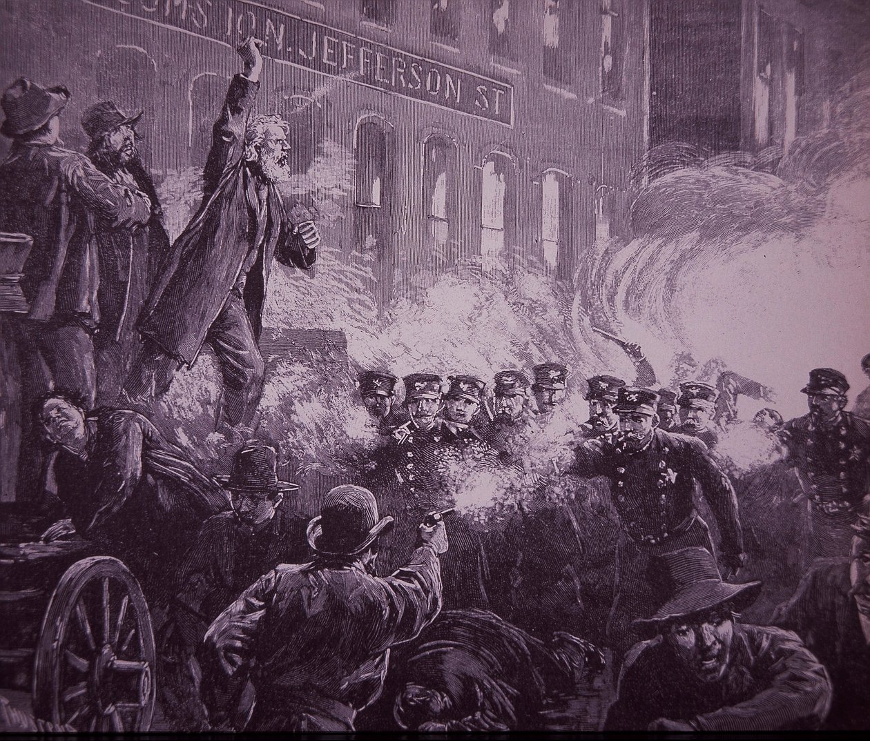 1886年のシカゴ・ヘイマーケット労働者暴動、ハーパース・ウィークリー誌に掲載された版画 作： アメリカの学校