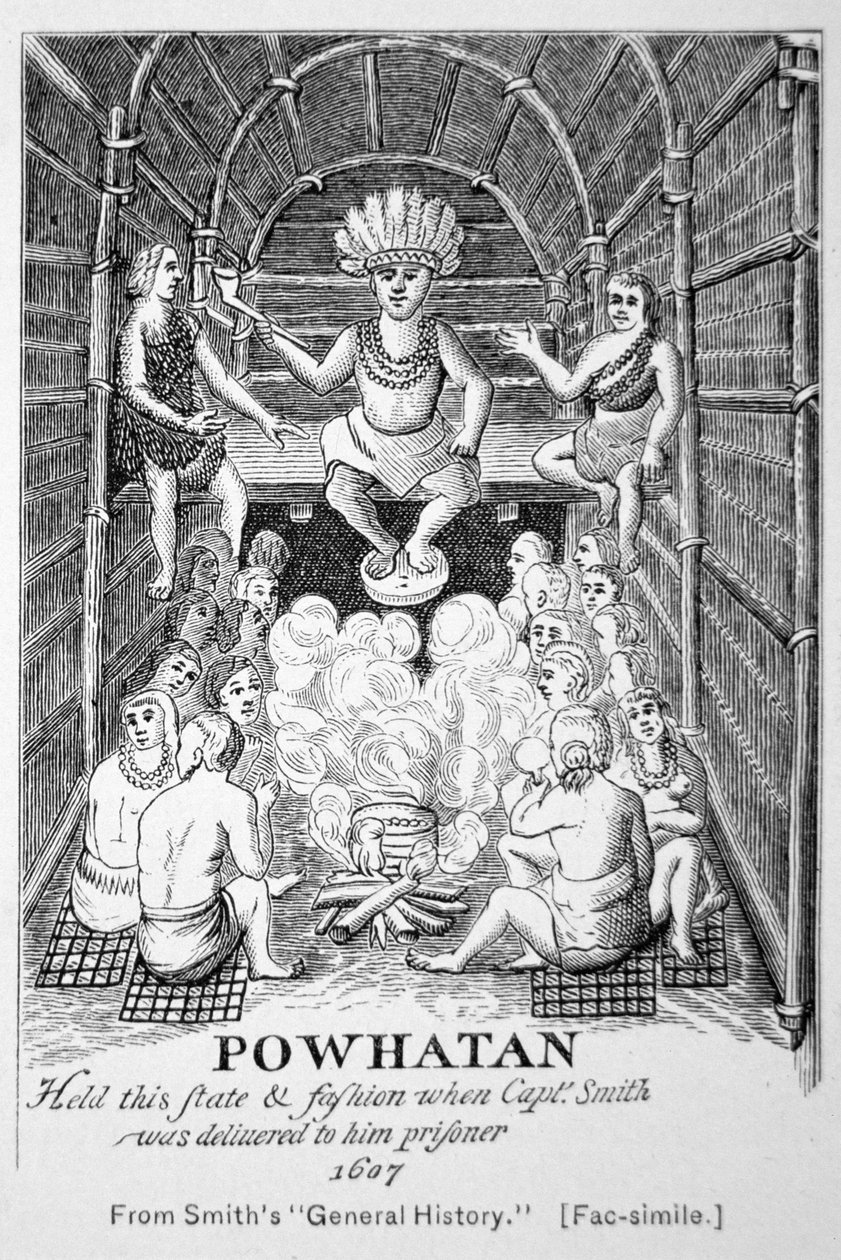 1607年に登場したパウハタン酋長（スミスの「Generall Historie of Virginia, New England & the Summer Isles」より）。 作： アメリカの学校