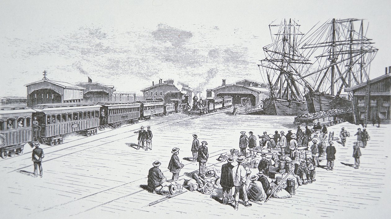 1860年代に大陸横断鉄道で働くためにサンフランシスコに到着した中国系移民「クーリー」（リトグラフ 作： アメリカの学校