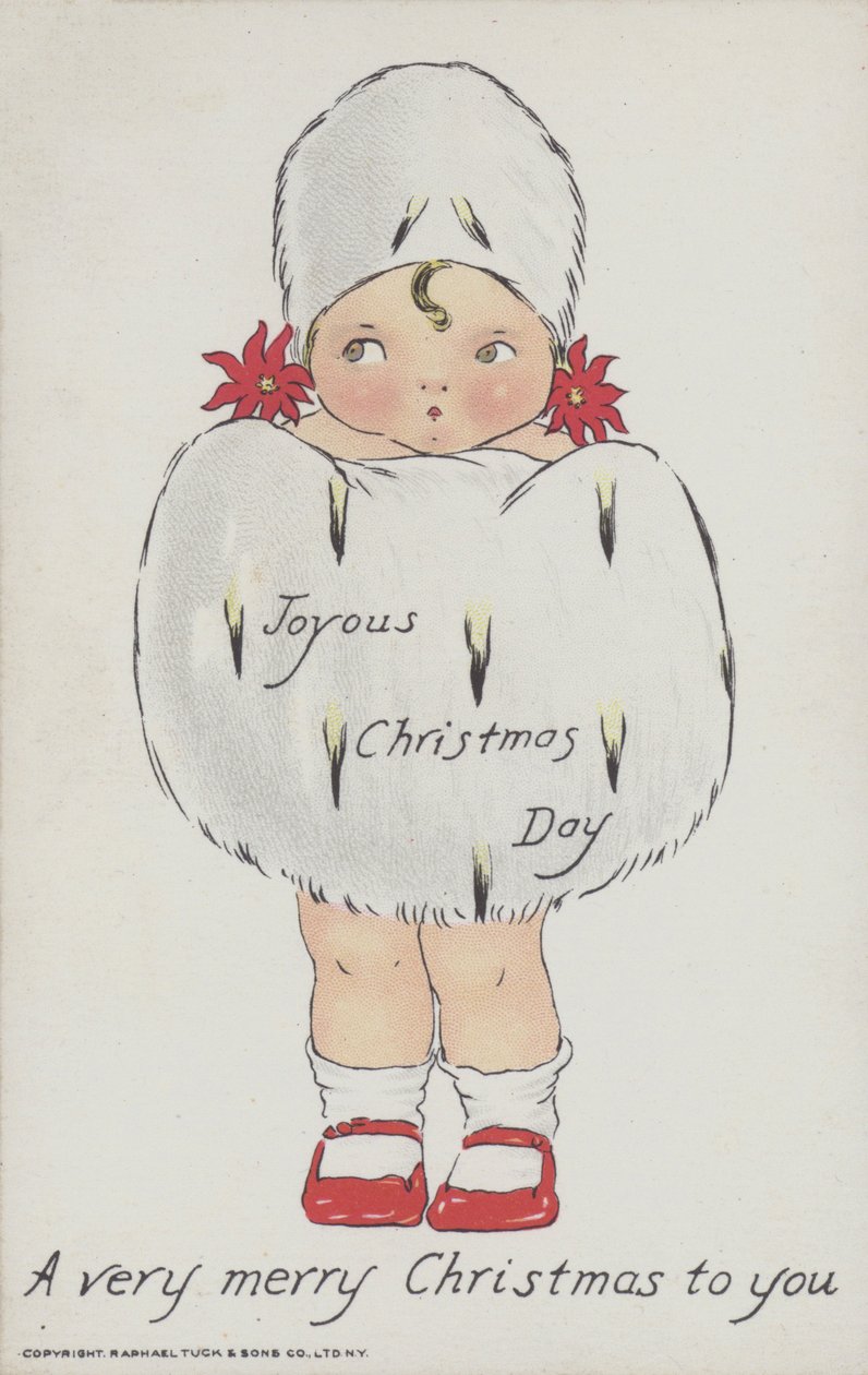 クリスマスの毛皮のマフと帽子をかぶった子供を描いたクリスマス・グリーティングカード。(クロモリ) 作： アメリカの学校