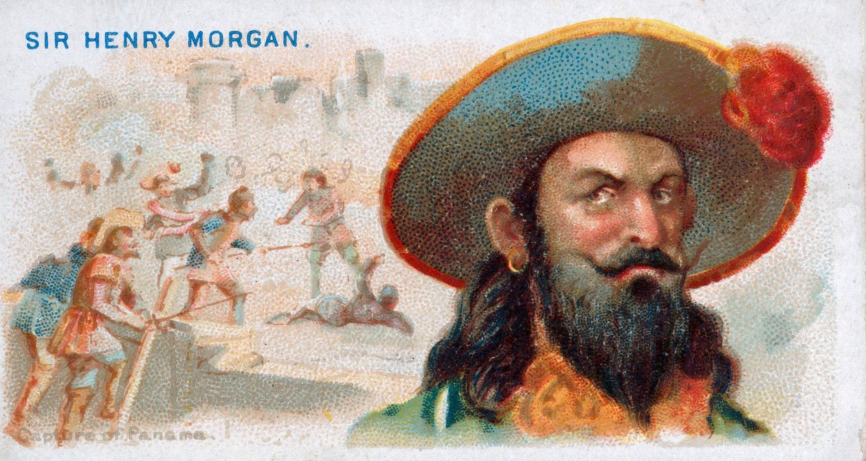 シガレットカード Sir Henry Morgan, Capture of Panama, pub.1888年のカラーリトグラフ。 作： アメリカの学校