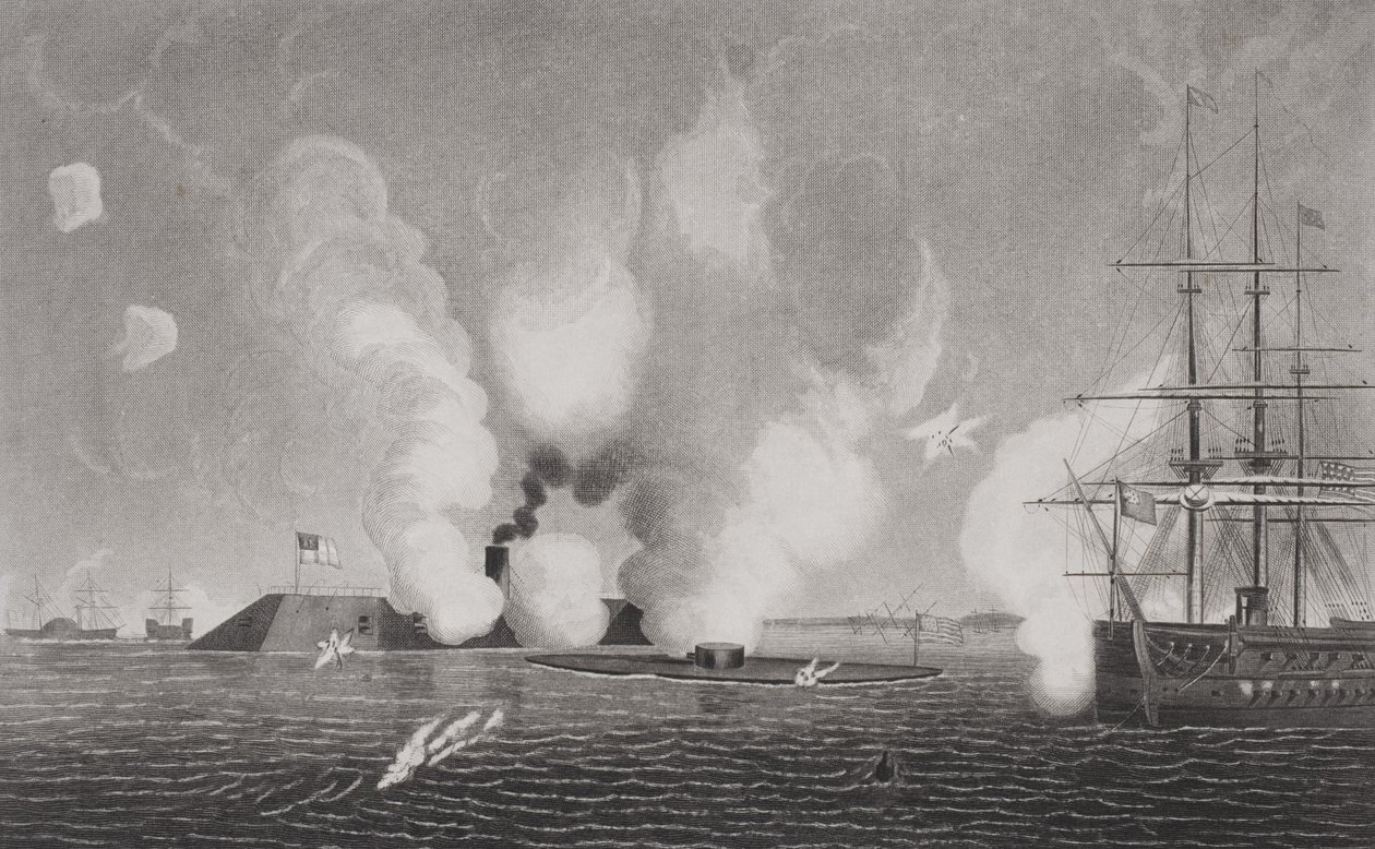 1862年3月9日、バージニア州ハンプトンロードで南軍CSSバージニア（左）と北軍USSモニター（中央）の間の戦闘（詳細は254609を参照） 作： アメリカの学校