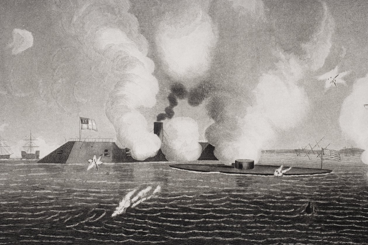 1862年3月9日、バージニア州ハンプトンロードで南軍CSSバージニア（左）と北軍USSモニター（右）の間の戦闘（254608の詳細） 作： アメリカの学校