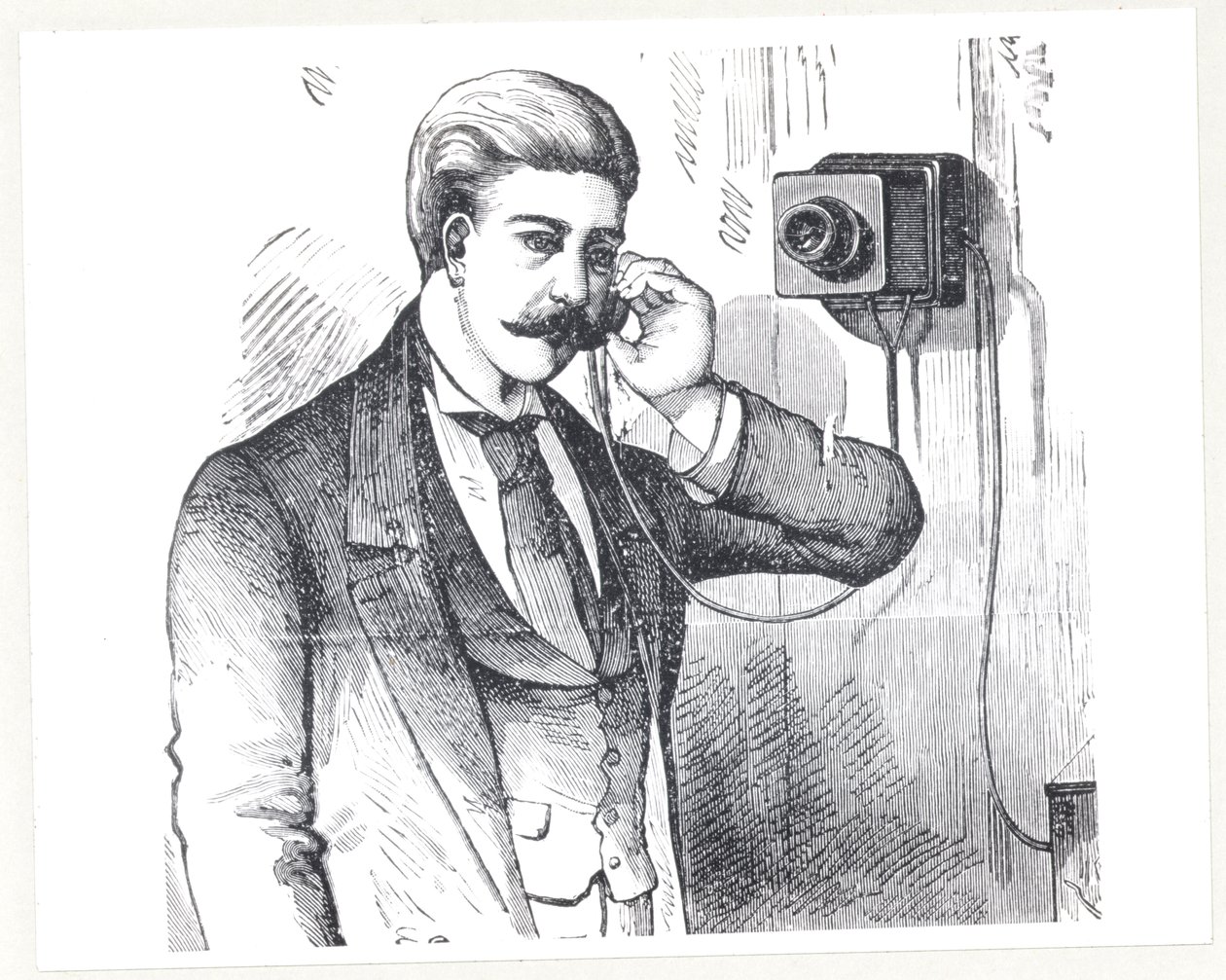 使用中のコンデンサー電話、ジョージバートレットプレスコット著「電気電話」（1830年頃）、1890年 作： アメリカの学校