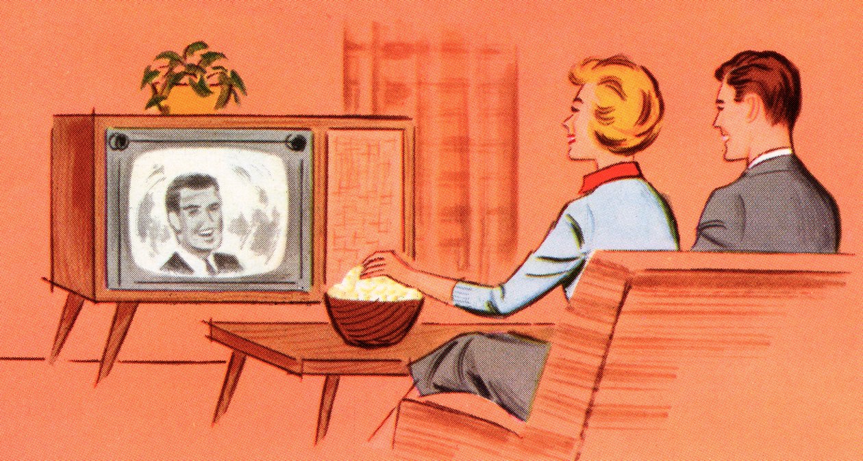 レトロなテレビを見るカップル 作： アメリカの学校