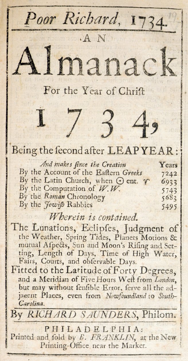 貧しいリチャードの表紙、アルマナック、1734年（印刷） 作： アメリカの学校