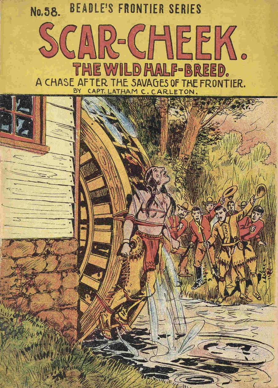 書籍「ScarCheek - The wild half-breed」の表紙。Latham C. Carleton大尉の著書 "ScarCheek - The wild half-breed. A chase after the savages of the frontier "の表紙。 作： アメリカの学校