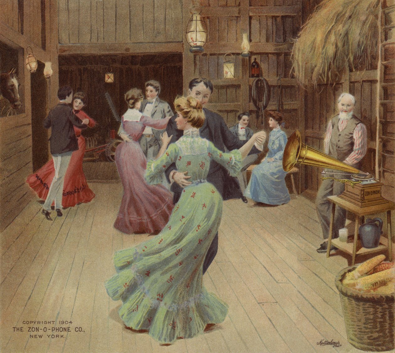 納屋で蓄音機に合わせて踊る（カラーリトグラフ） 作： アメリカの学校