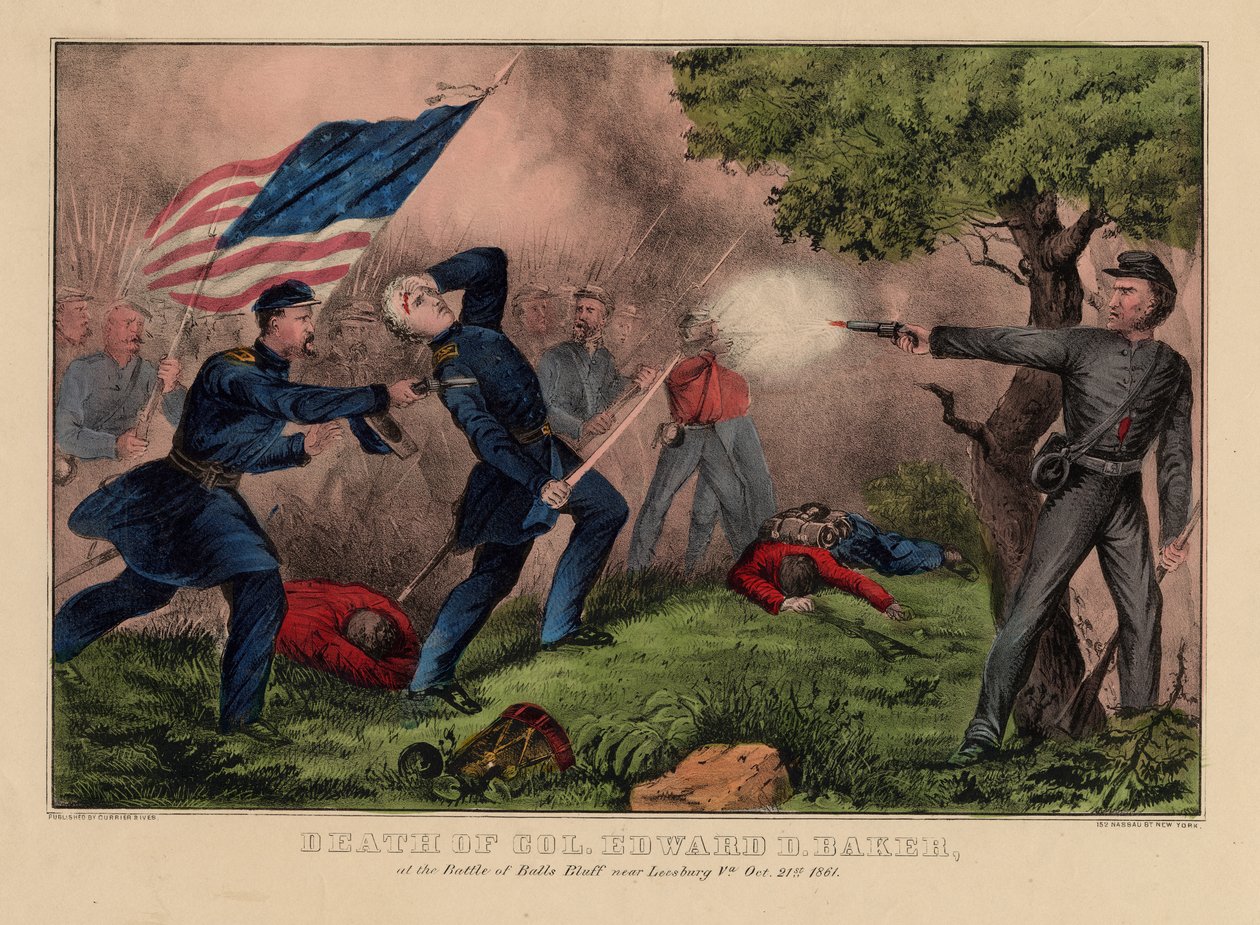 1861年10月21日、パブのバージニア州リーズバーグ近くのボールブラフの戦いでのエドワードベイカー大佐の死。 Currier＆Ives、1861年頃 作： アメリカの学校