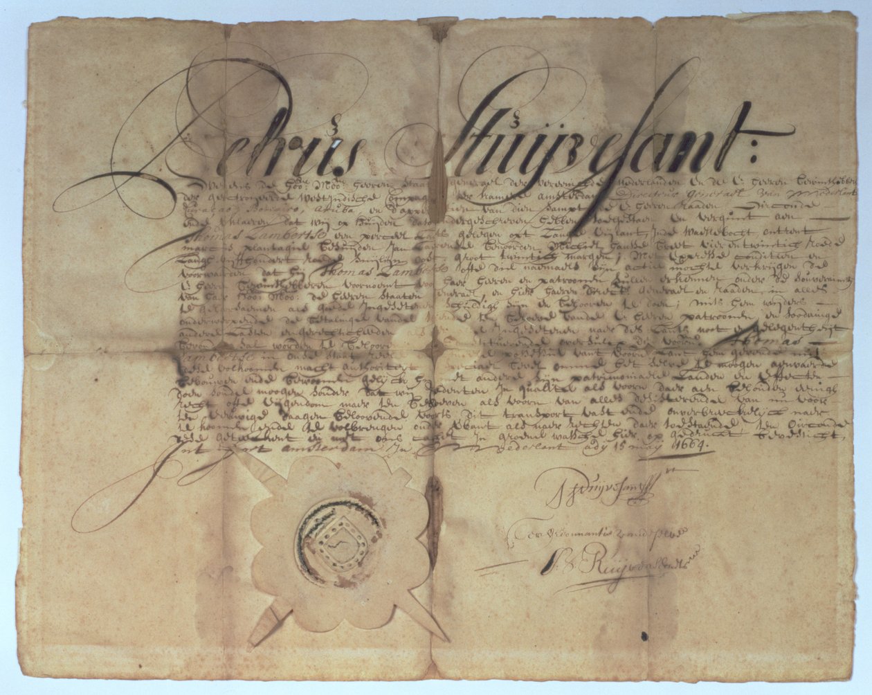 1664年5月15日、ニューオランダ総督のPeter Stuyvesantが署名した証書 作： アメリカの学校