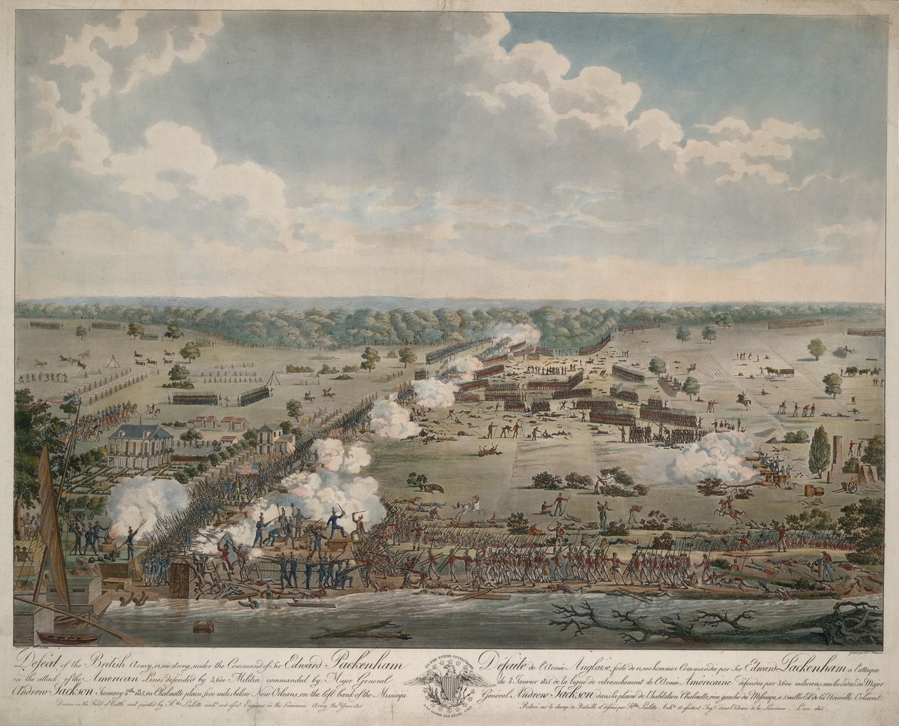 イギリス軍の敗北（ニューオーリンズの戦い）、パブ。1815年（手彩色彫刻 作： アメリカの学校