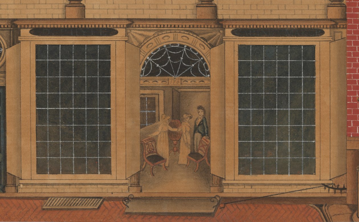 ニューヨーク市のフルトンストリートにあるダンカンファイフのショップと倉庫の詳細、c.1816-1817（水彩、ペン、紙にインク） 作： アメリカの学校