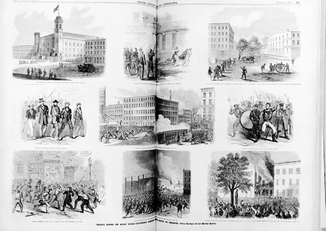 ニューヨークの暴動草案、テロの治世中のエキサイティングなシーン、1863 作： アメリカの学校