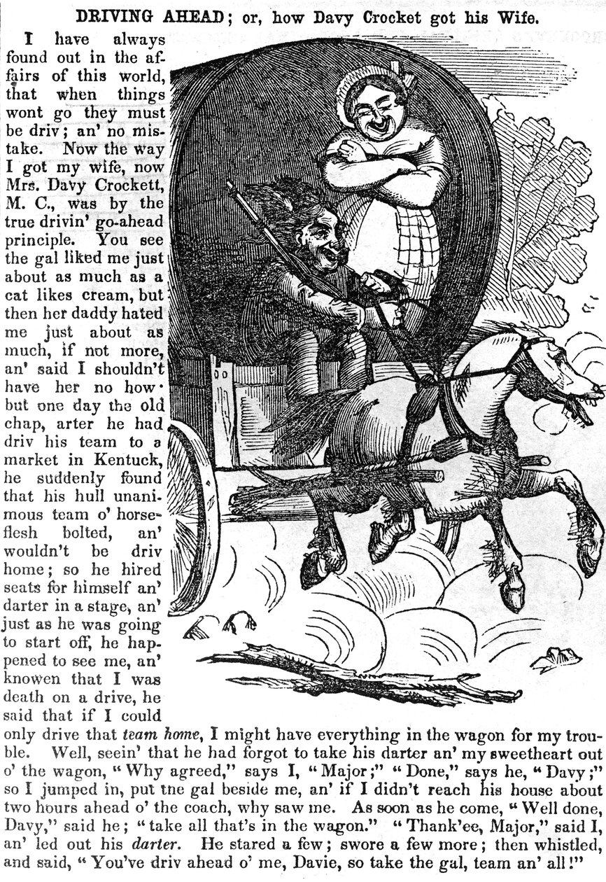 1856年のCrockettsアルマナックから、Driving Ahead、またはDavy Crocketが妻を手に入れる方法を公開、ニューヨーク、1855 作： アメリカの学校