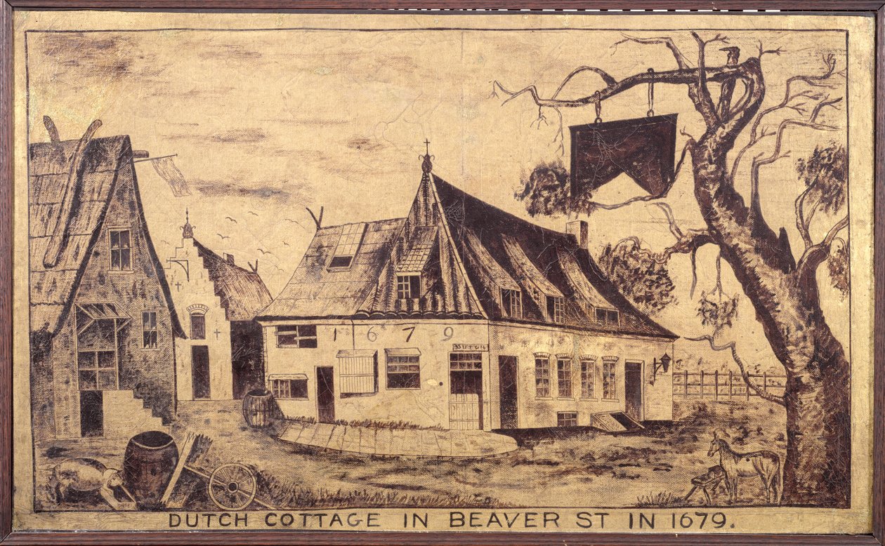 1679年、ビーバーストリートのダッチコテージ、1853年頃（ガーゼに油彩） 作： アメリカの学校