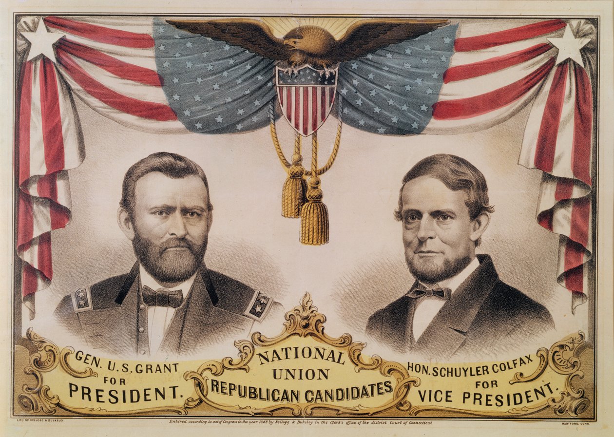 1868年のアメリカ大統領選挙の選挙ポスター、ユリシーズS.グラントとシュイラーコルファックス、1868年 作： アメリカの学校