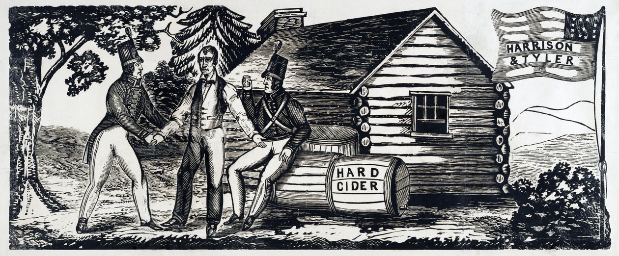 1840年に行われたハリソンとタイラーの大統領選挙キャンペーンのエンブレム、pub.1840年（木版）。 作： アメリカの学校