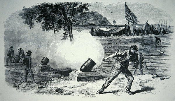 アメリカ南北戦争(1861-65)の連邦迫撃砲台(リトグラフ) 作： アメリカの学校