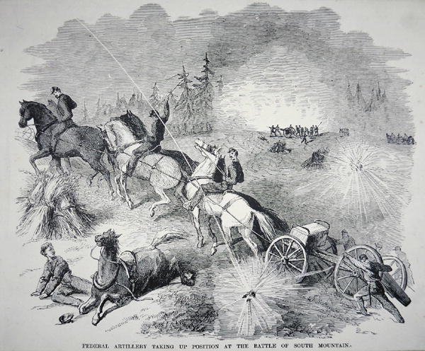 1862 年 9 月、サウス山の戦いで陣地に立つ連邦砲兵隊 (彫刻) 作： アメリカの学校
