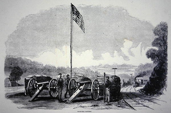 アメリカ南北戦争(1861-65)で鉄道を守るための連邦砂嚢砲台(リトグラフ) 作： アメリカの学校
