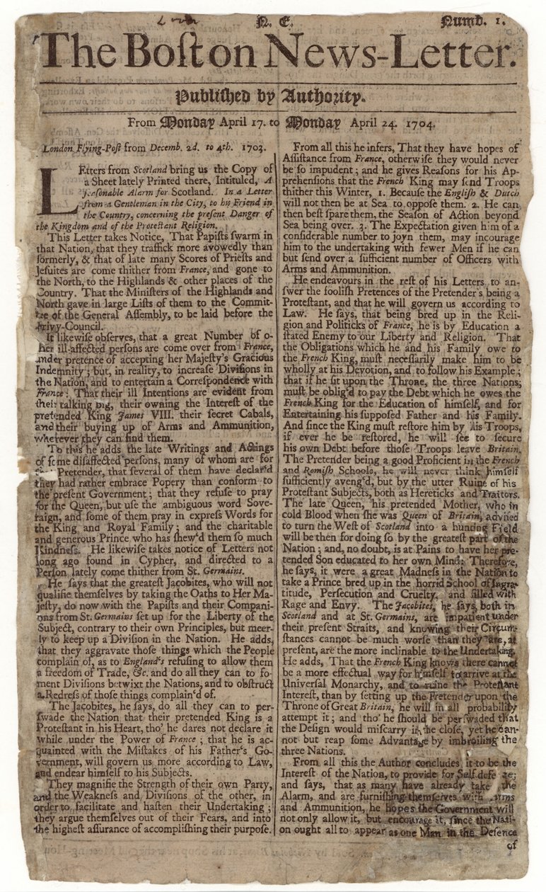ボストンニュースレターの創刊号、1704（新聞） 作： アメリカの学校