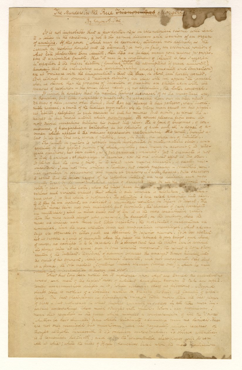 エドガーアランポー作「モルグ通りの殺人事件」の最初のページ、1841年 作： アメリカの学校