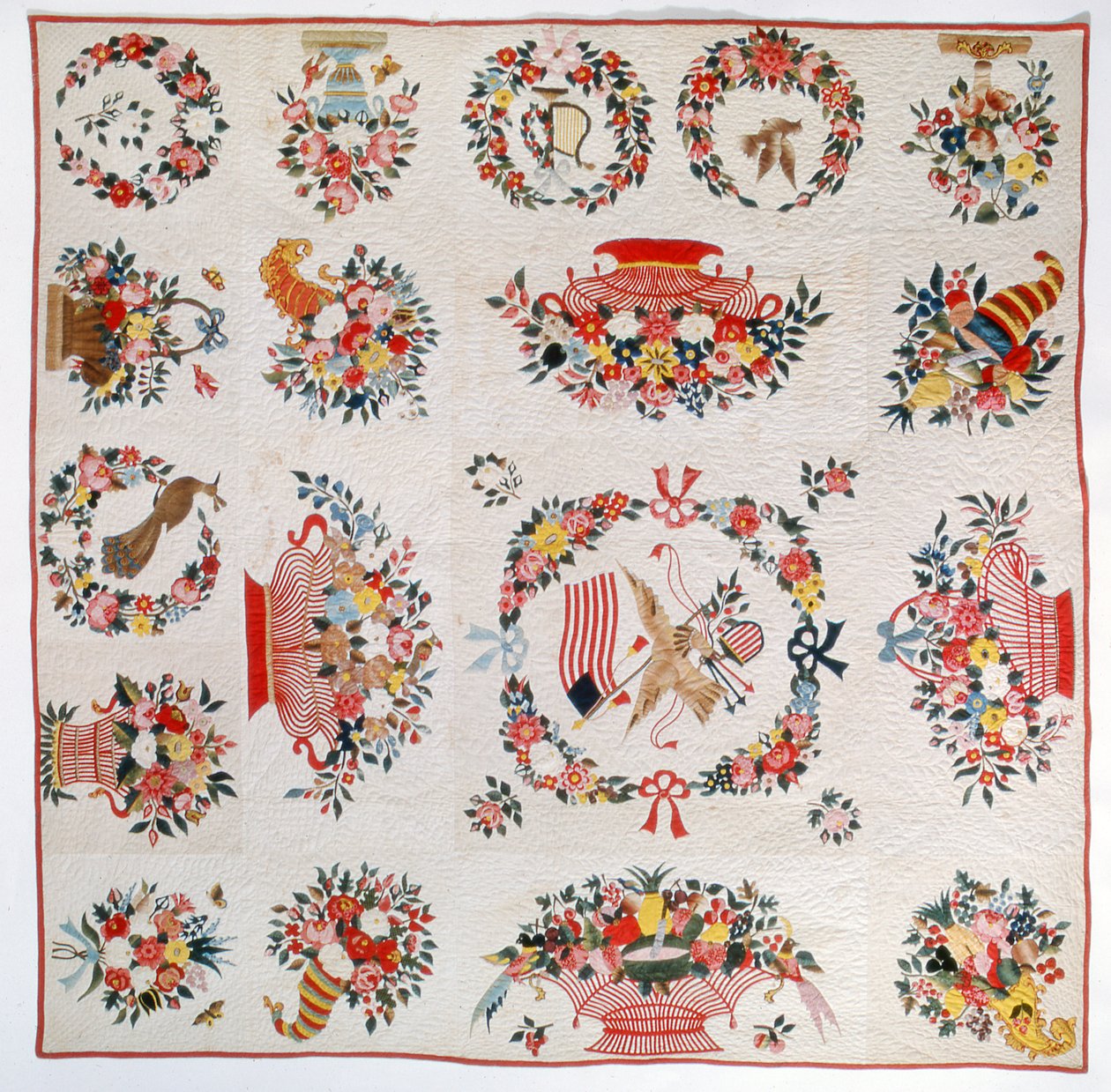 旗と花の掛け布団、1860年頃（綿） 作： アメリカの学校