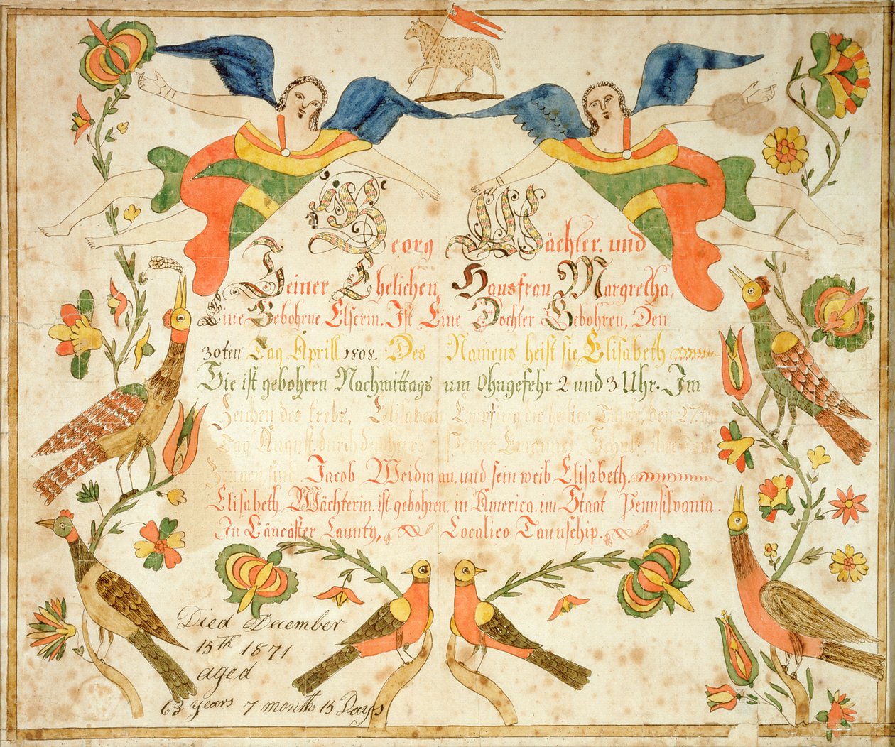 エリザベス・ワクテル（1808-71）の出生証明書と洗礼証明書のフラクタール 1808年 （紙にインクと水彩画） 作： アメリカの学校