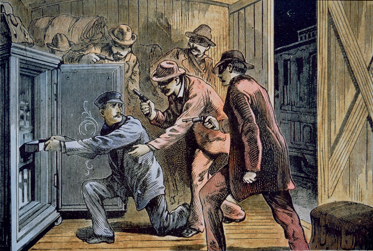 1879年、フランクとジェシー・ジェームズ一味が列車の急行車を襲う（カラーリトグラフ 作： アメリカの学校