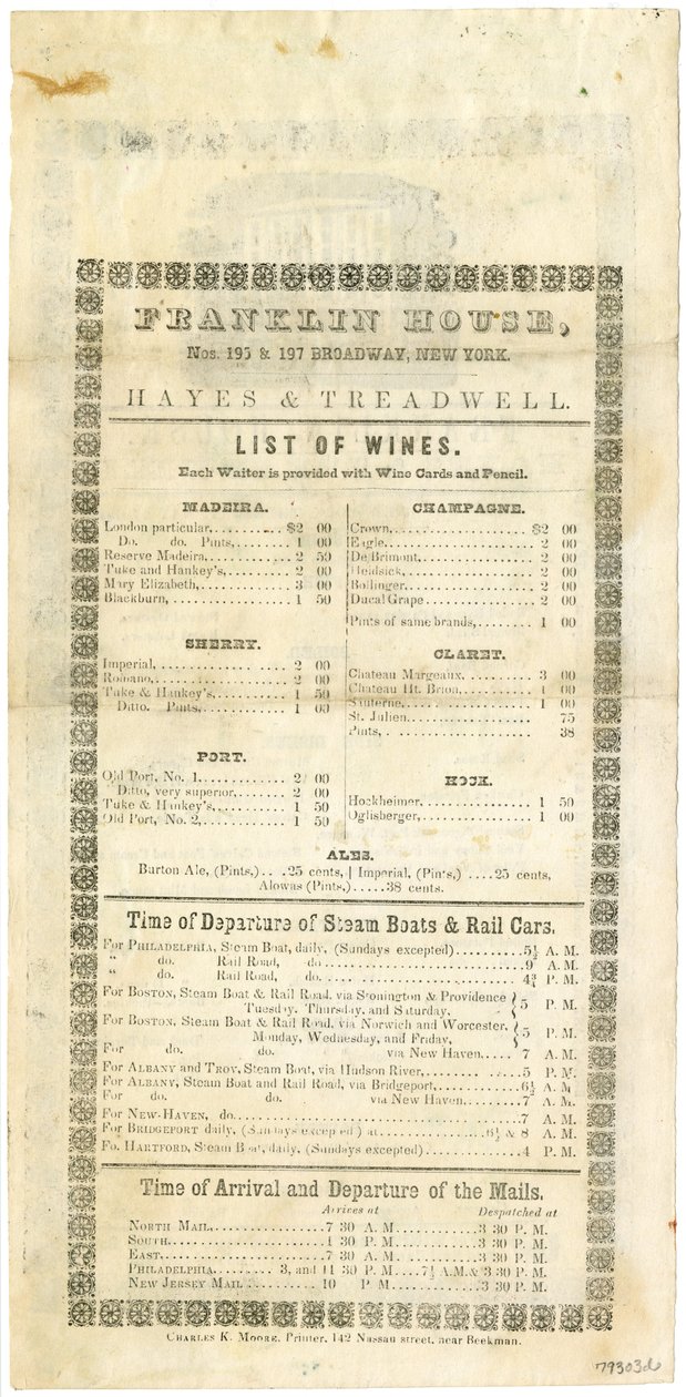 1844年5月23日、1844年（刻まれたメニュー）のフランクリンハウスワインリスト 作： アメリカの学校