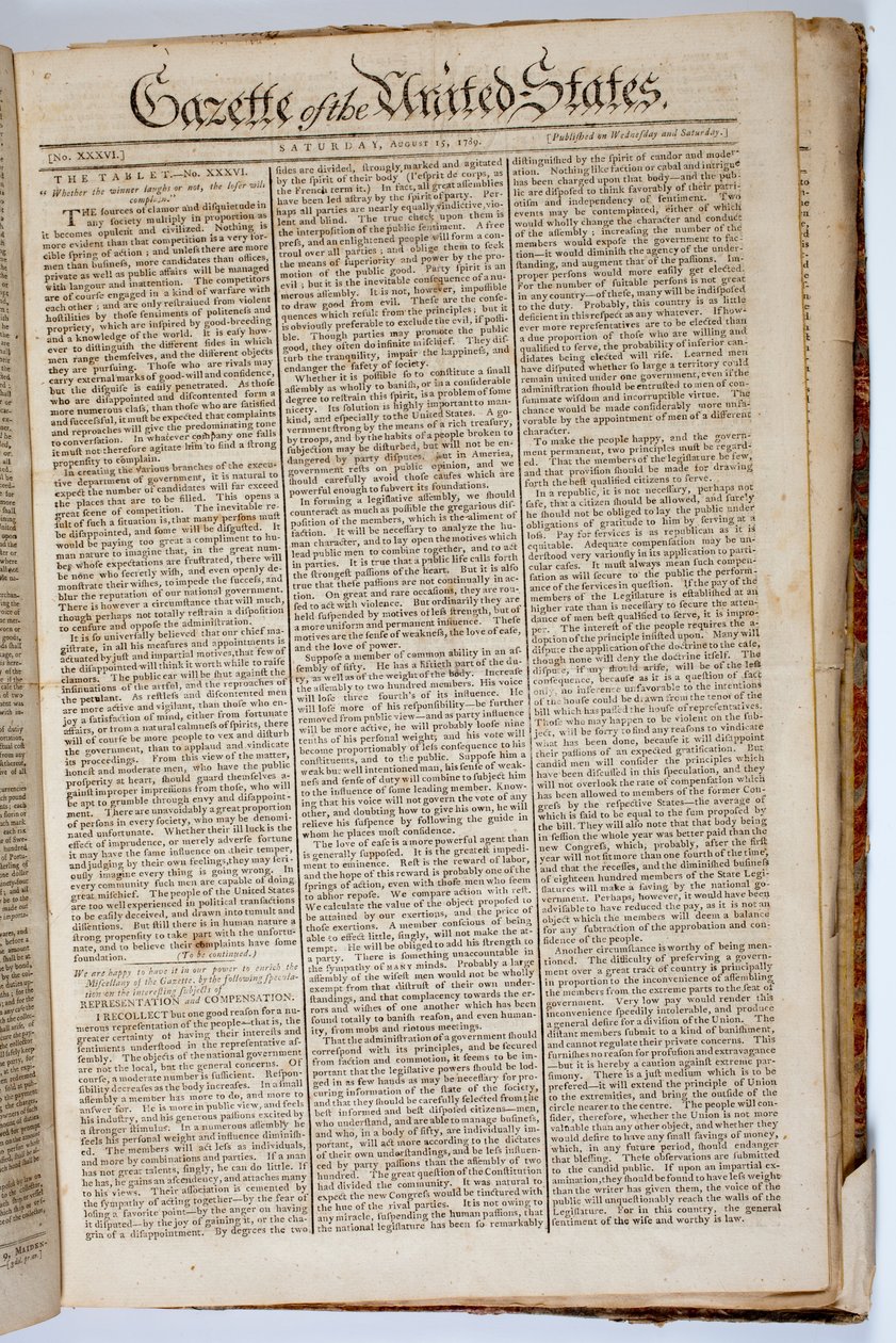 アメリカ合衆国の官報、1789年4月15日のフロントページ 作： アメリカの学校