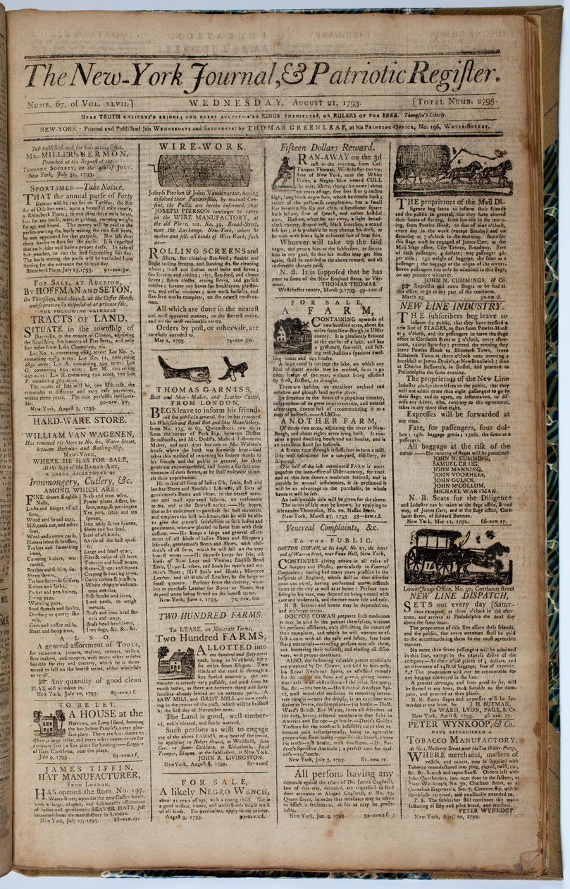 1793年8月21日、ニューヨークジャーナルとパトリオットレジスタのフロントページ 作： アメリカの学校