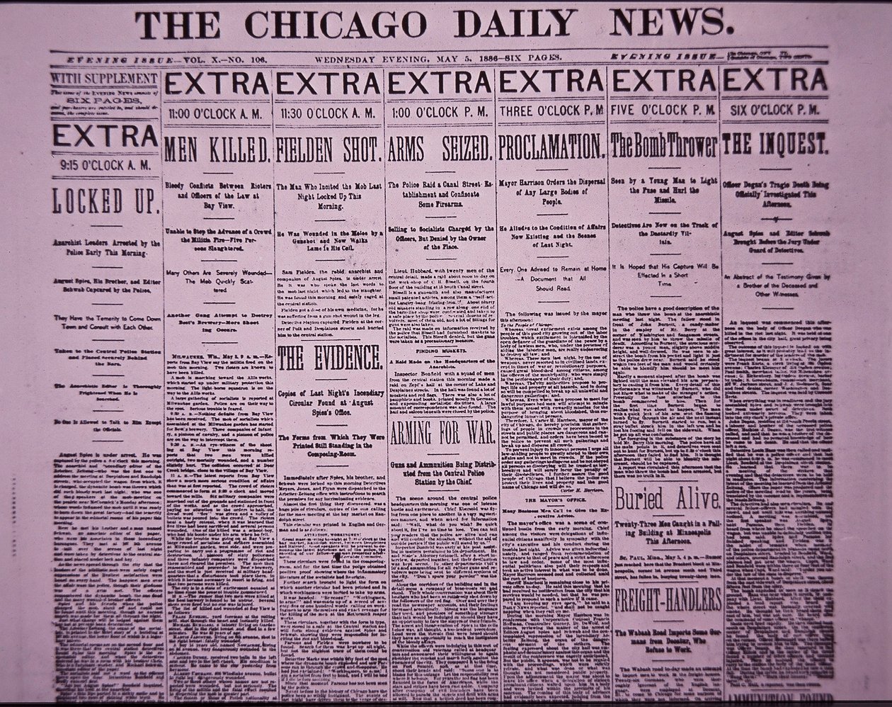 1886年5月5日のシカゴ・ヘイマーケット労働者暴動を報じる「The Chicago Daily News」の一面（新聞紙面 作： アメリカの学校
