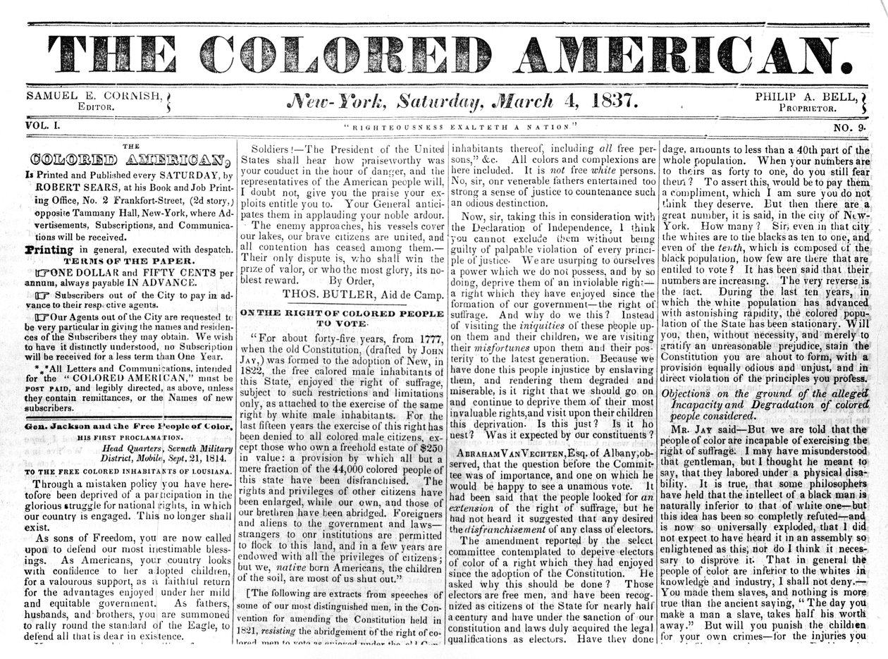 1867年3月4日、カラードアメリカンのフロントページ（新聞） 作： アメリカの学校
