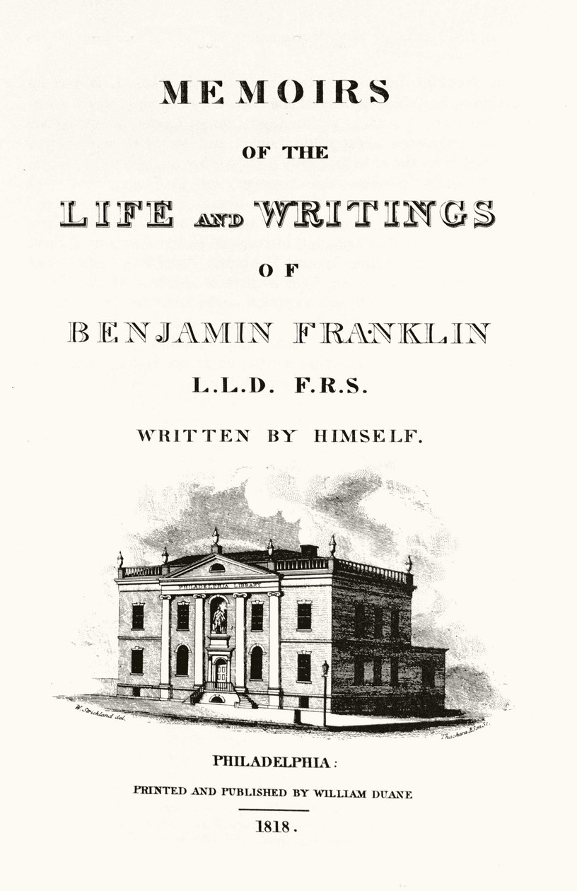 ベンジャミン・フランクリンの自叙伝「Memoirs of the life and writings of Benjamin Franklin」の表紙です。1818年の版。 作： アメリカの学校