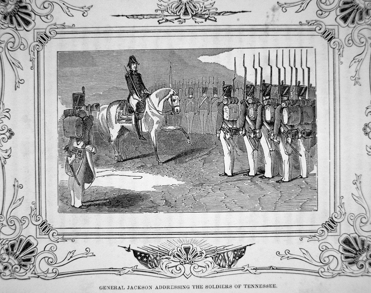 1814年3月27日、ホースホー・ベンドの戦いの前にテネシー州民兵に話しかけるアンドリュー・ジャクソン将軍 作： アメリカの学校