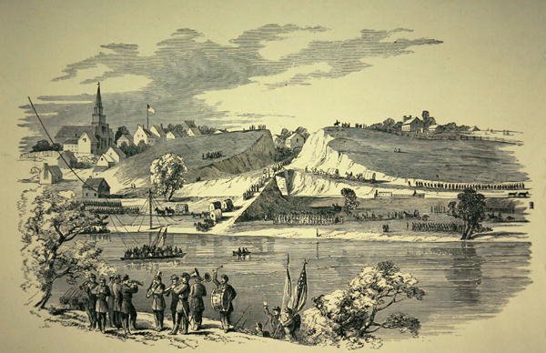 1862年、ジャクソン将軍(1824-63)率いる南軍を攻撃するためにメリーランド州ウィリアムスポートからポトマックを再横断するバンク将軍(1816-94)の北軍師団(リトグラフ) 作： アメリカの学校