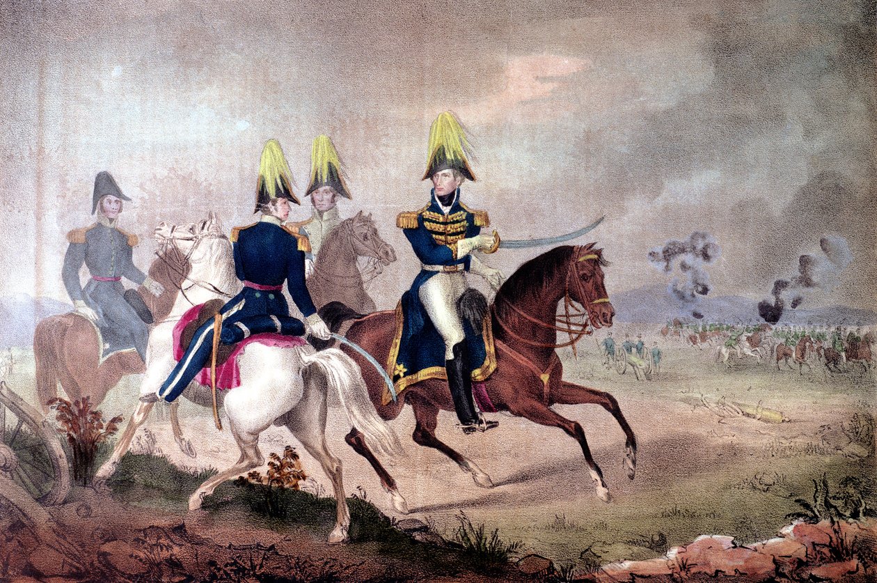 1813年のテムズの戦いのウィリアムヘンリーハリソン将軍（1773〜1841年）とスタッフ 作： アメリカの学校