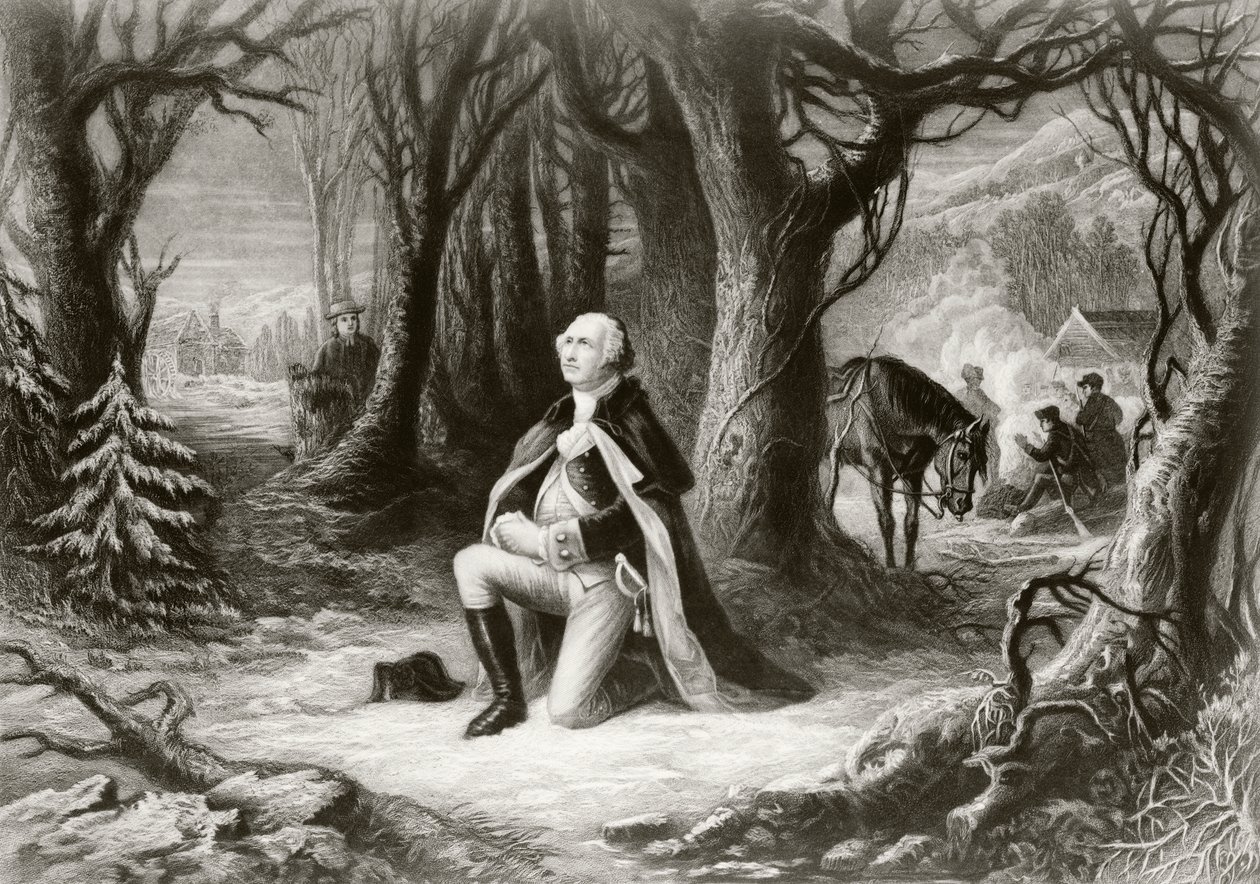 ジョージワシントンは、1777年から78年の冬の間、ヘンリーブリュックナーによる絵画の後、バレーフォージのアメリカ独立戦争の野営地で祈ります 作： アメリカの学校
