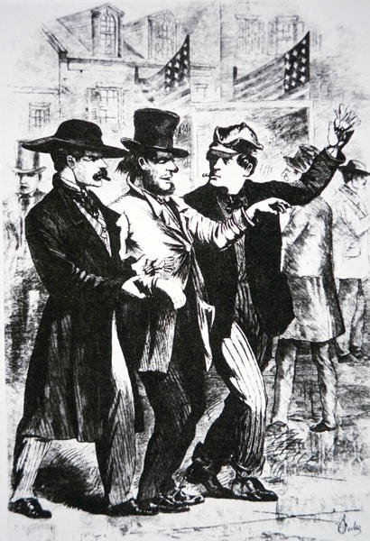1864年の選挙で有権者に酒を飲ませて投票に影響を与えようとした（彫刻） 作： アメリカの学校