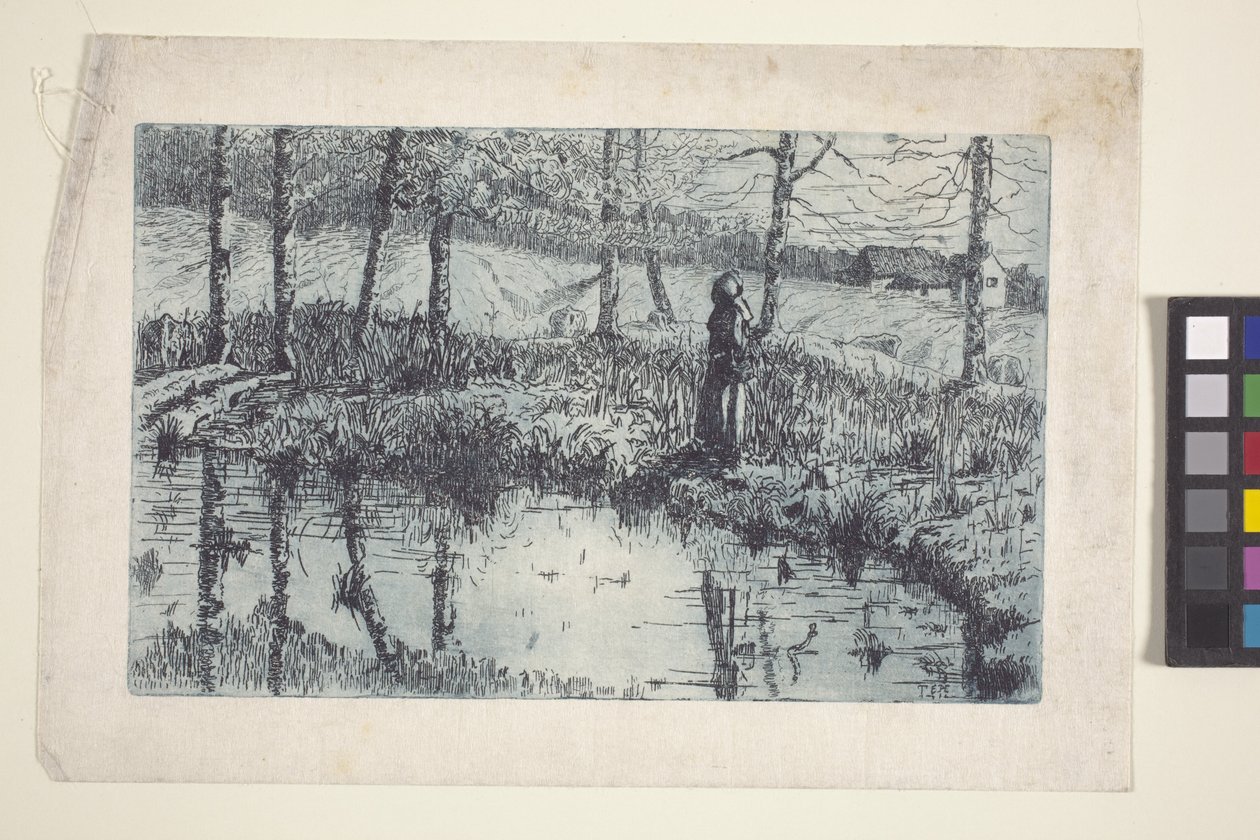 Girl By Pond (gravura e tom da placa impressos em azul) 作： アメリカの学校