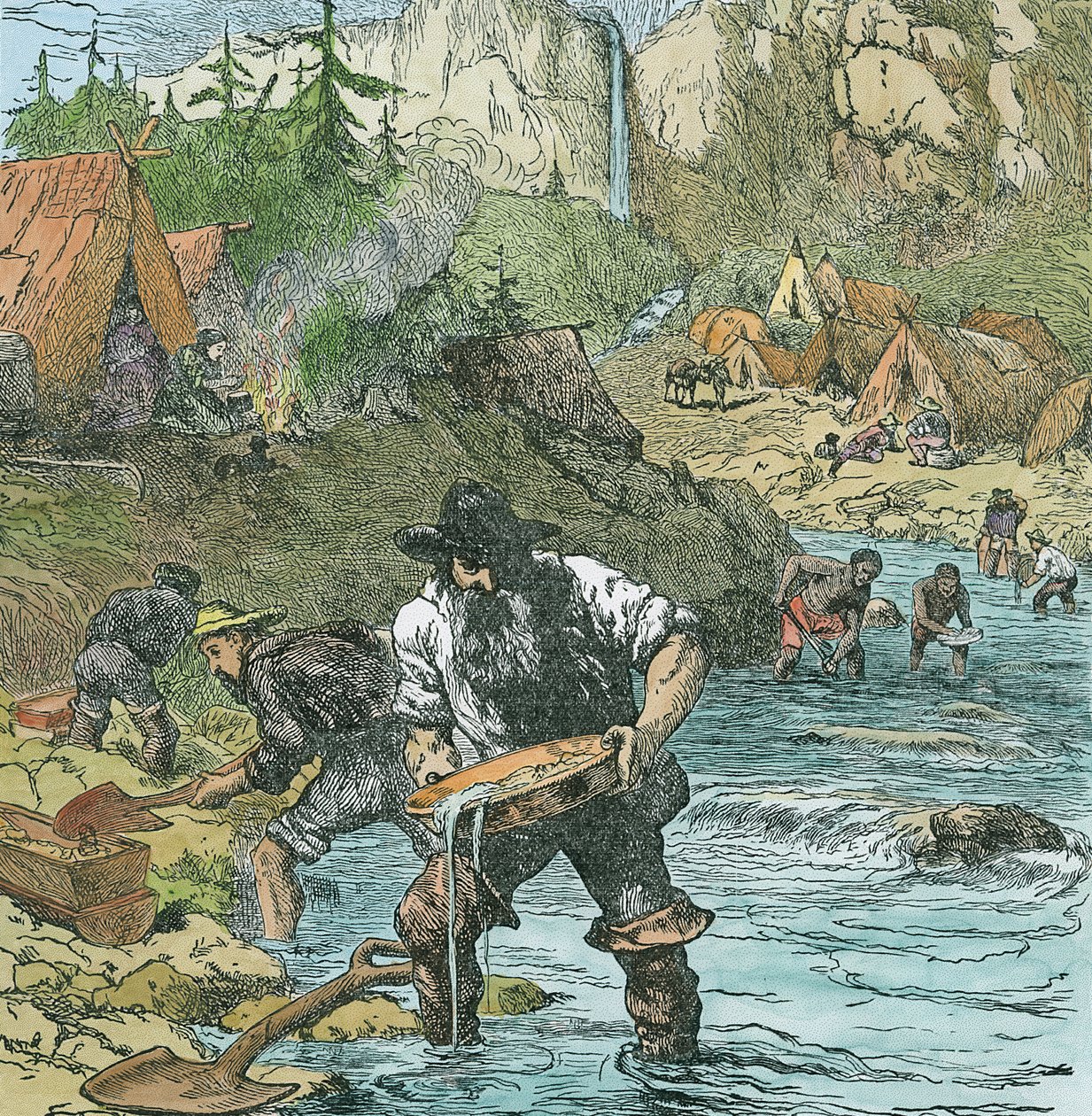 本のパブからカリフォルニアの金の洗濯。 1896（手書きの彫刻） 作： アメリカの学校