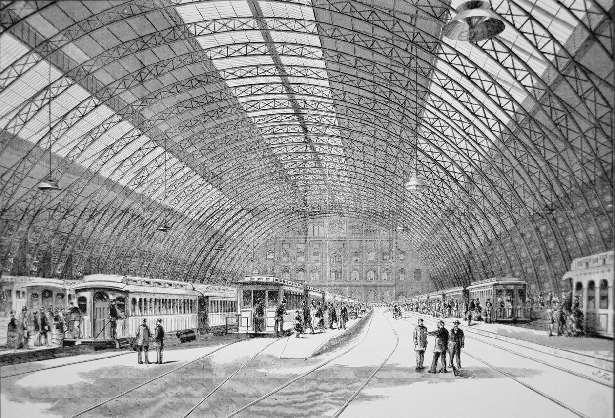 ニューヨークのグランド・セントラル駅（1872年2月3日付「ハーパース・ウィークリー」より）（彫刻 作： アメリカの学校